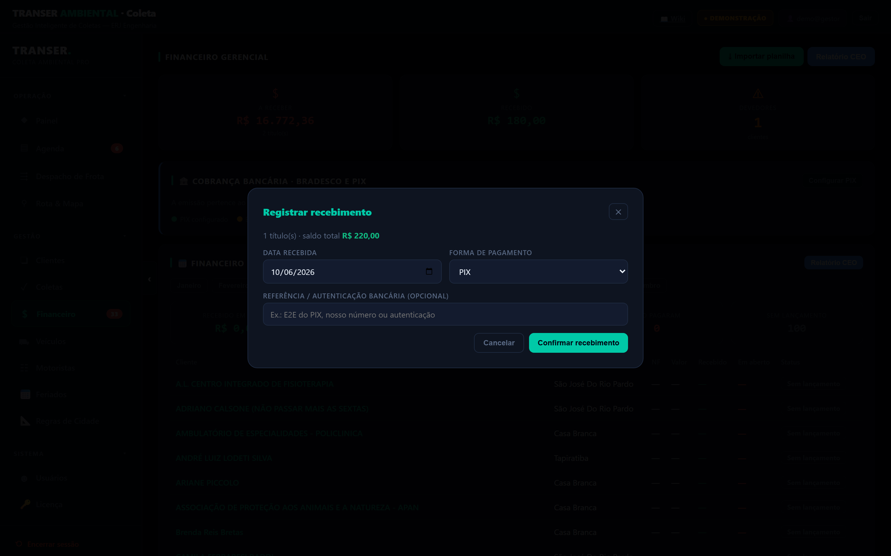 Registrar recebimento com forma de pagamento