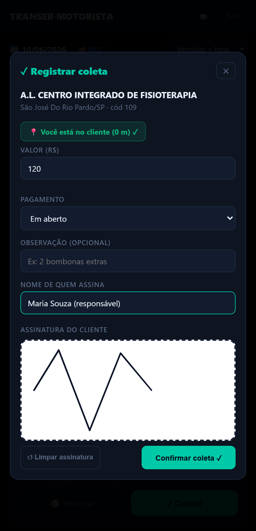 Registro de coleta com GPS e assinatura