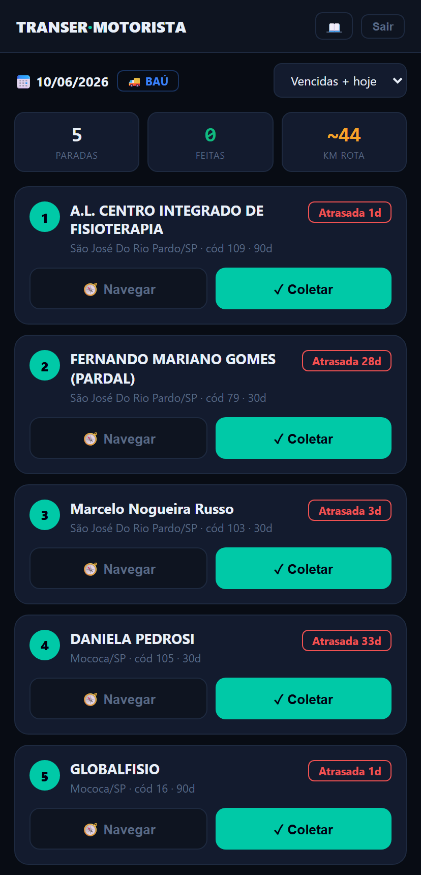Rota do dia no app do motorista